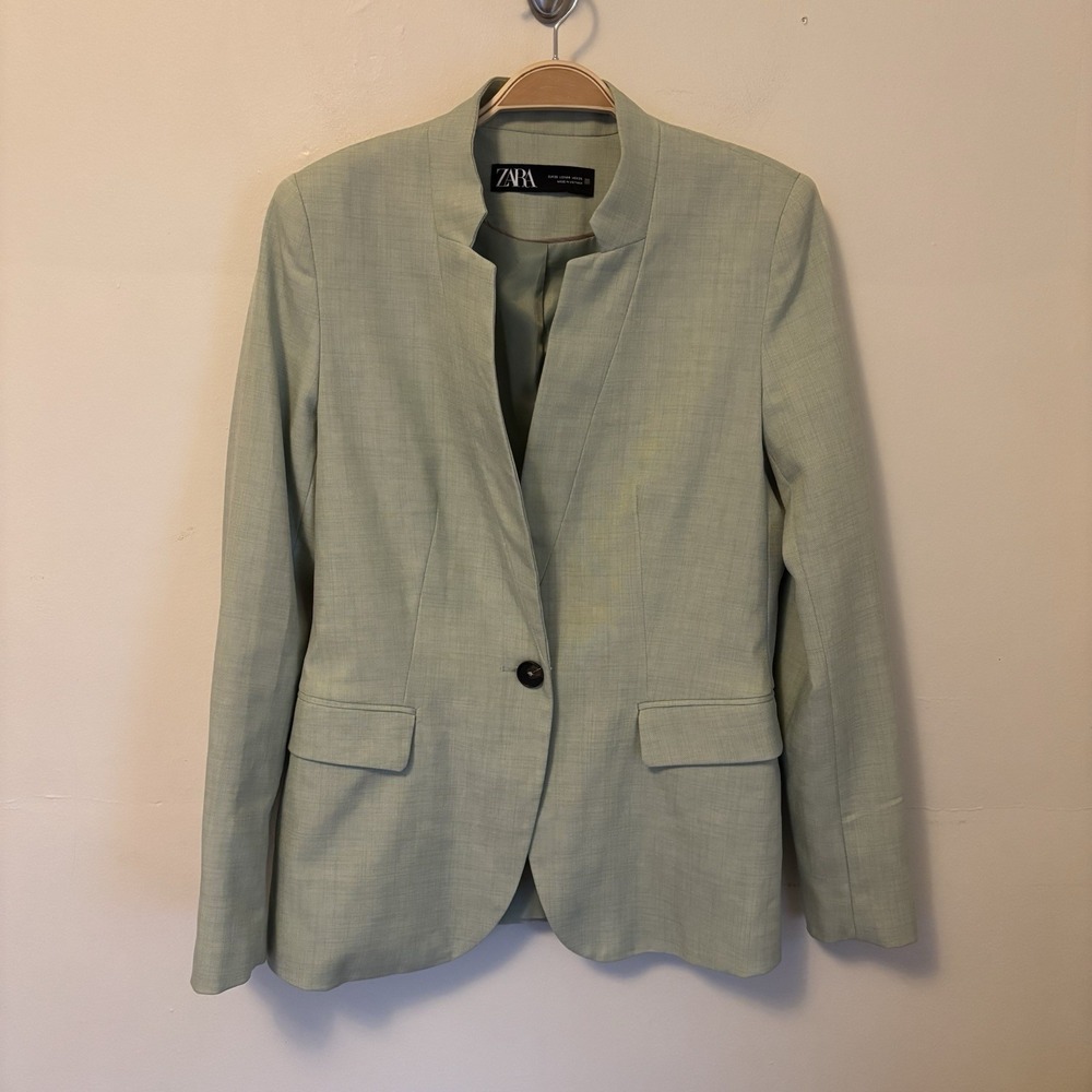 Zara Light Green One Button Lined Blazer 4 Green Academia Preppy Officecore